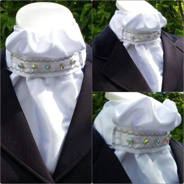 BPT01. Crisp White Taffeta Pre Tied Stock Tie with Silver Embroidery and Rhinestones