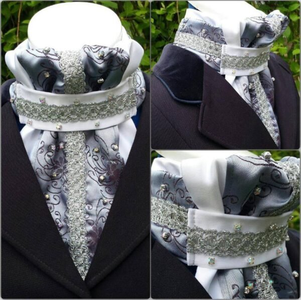 BPT03. White/Silver Satin Pre Tied Stock Tie with a Silver Trim and Rhinestones