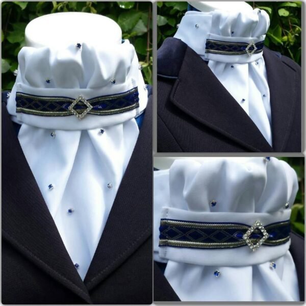 BPT04. White Duchess Satin Pre Tied Stock Tie with a Purple/Silver Trim and Rhinestones