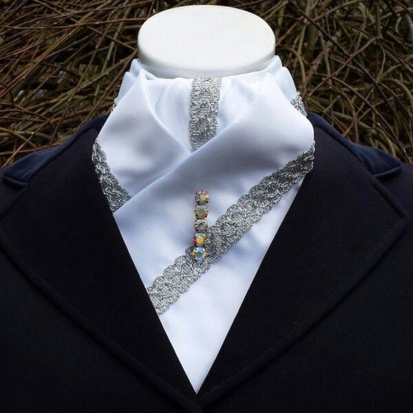 EPT06. White Satin Pre Tied Stock Tie with a Silver Trim