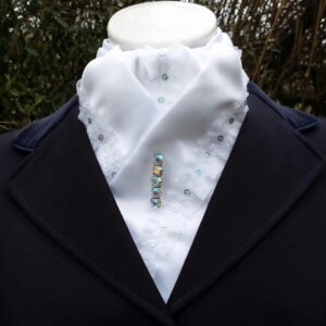 EPT09. White Satin Pre Tied Stock Tie with a Ruffle Trim