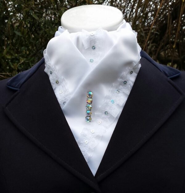 EPT09. White Satin Pre Tied Stock Tie with a Ruffle Trim