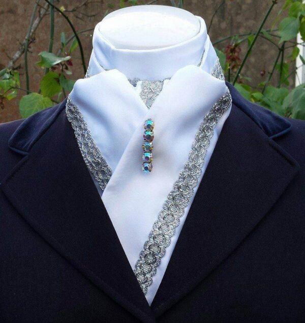 ET04. White Satin Self Tie Stock Tie with a Silver Trim