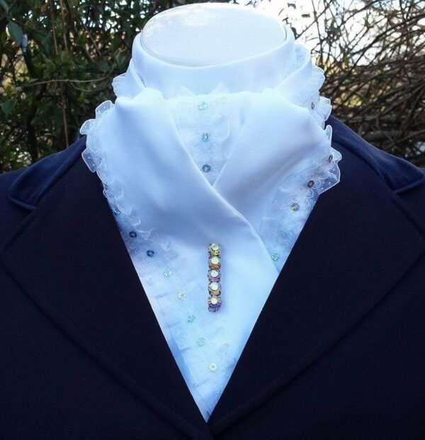 ET06. White Satin Self Tie Stock Tie with a Ruffle Trim