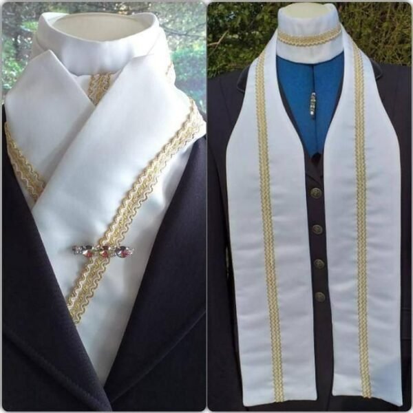 ET10. White Duchess Satin Self Tie Stock Tie with a Gold and White Trim