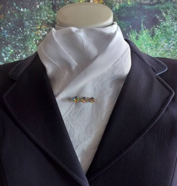 EDDPT05.  White Duchess Satin Pre Tied Stock Tie with a Large Lace Flower Overlay.
