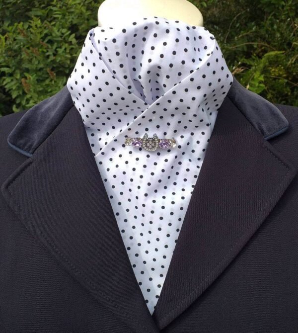 EPT30.  White Poly Cotton Pre Tied Stock Tie with Small Black Polka Dots