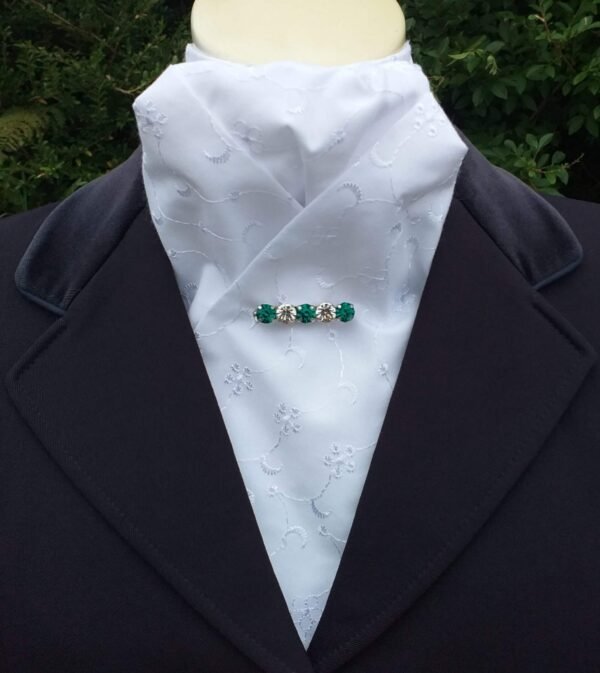 White embroidered cotton pre tied stock, ready tied stock, Dressage stock tie