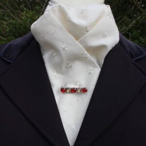 cream embroidery anglaise cotton pre tied stock tie, with an embroidered floral pattern. Shown tied on a mannequin.