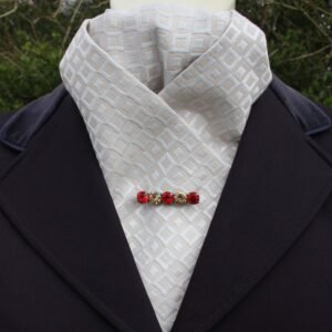 Cream and metallic silver jacquard pre tied stock tie, with a squares pattern all over.