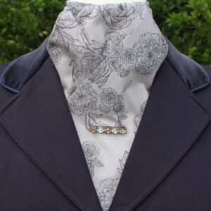 Grey poly cotton pre tied stock tie with a floral pattern all over.