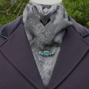 Grey and silver paisley patterned jacquard pre tied stock tie.
