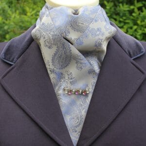 Grey pre tied stock tie with a blue paisley pattern