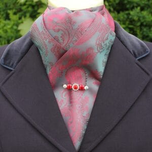 Grey pre tied stock tie with a pink paisley pattern